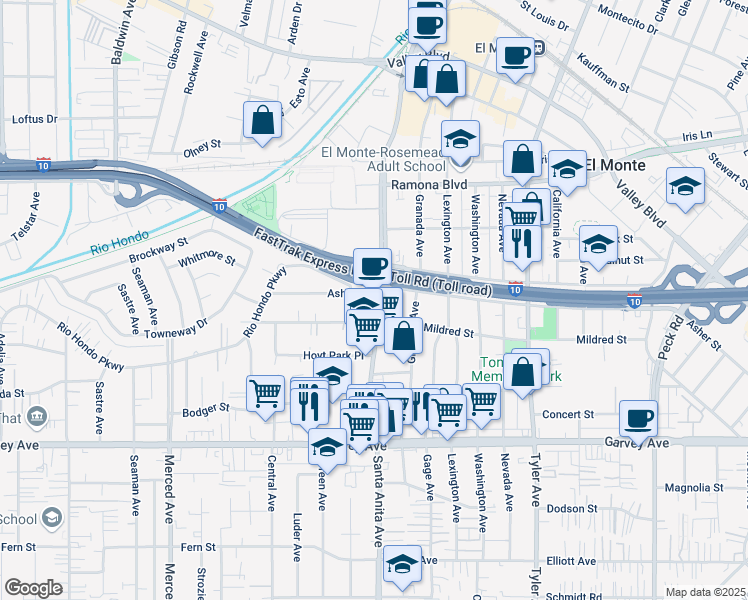 map of restaurants, bars, coffee shops, grocery stores, and more near 3261 Santa Anita Avenue in El Monte