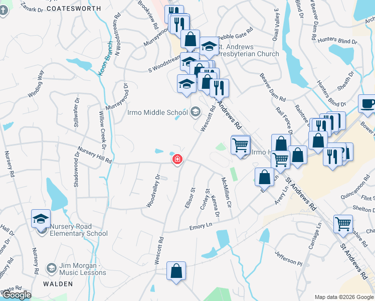map of restaurants, bars, coffee shops, grocery stores, and more near 6009 Wescott Road in Columbia