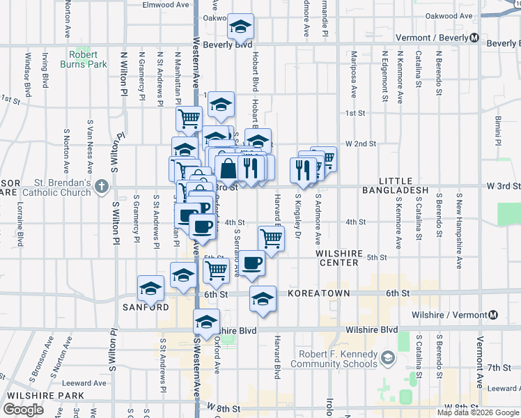map of restaurants, bars, coffee shops, grocery stores, and more near 334 South Hobart Boulevard in Los Angeles