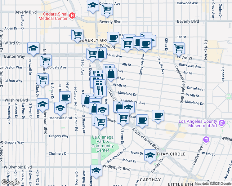 map of restaurants, bars, coffee shops, grocery stores, and more near 6686 Maryland Drive in Los Angeles