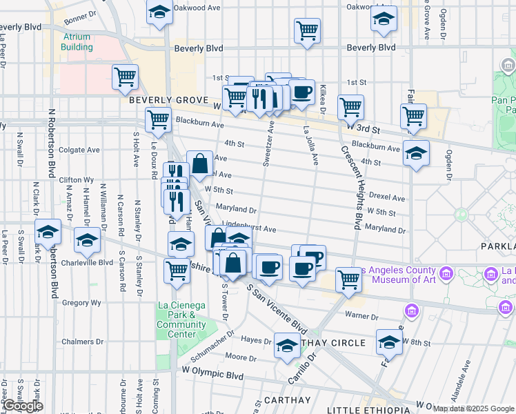map of restaurants, bars, coffee shops, grocery stores, and more near 6601 Maryland Drive in West Hollywood