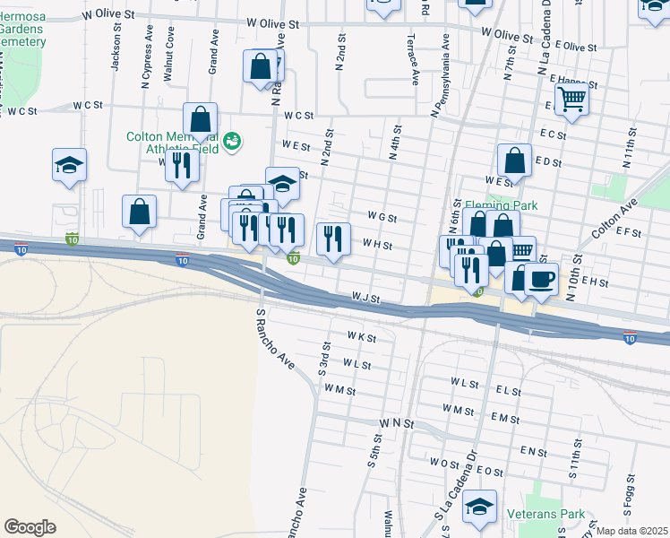 map of restaurants, bars, coffee shops, grocery stores, and more near 610 West Valley Boulevard in Colton