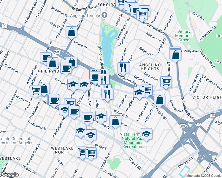 map of restaurants, bars, coffee shops, grocery stores, and more near 1532 West Temple Street in Los Angeles