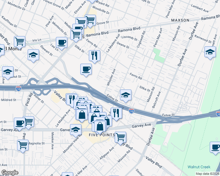 map of restaurants, bars, coffee shops, grocery stores, and more near 3428 Whistler Avenue in El Monte