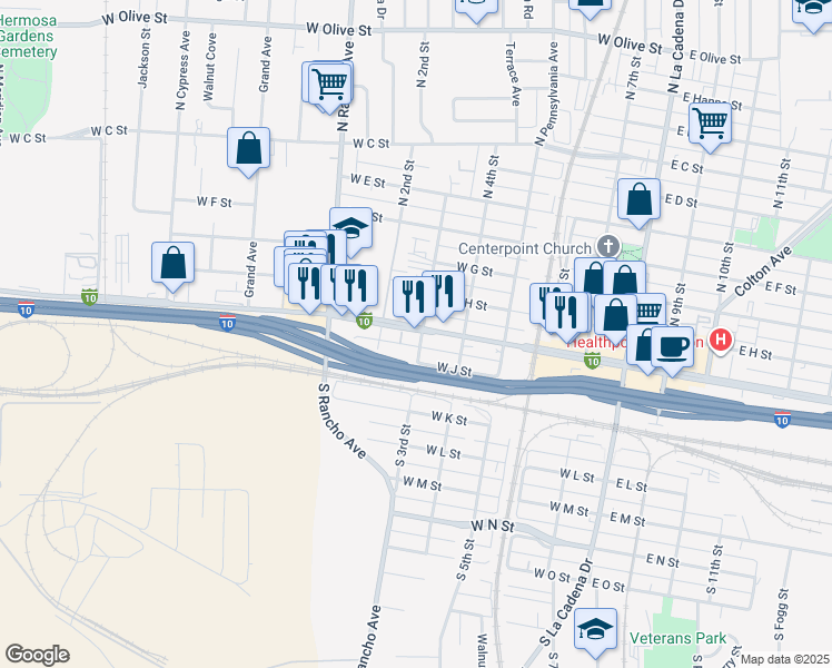 map of restaurants, bars, coffee shops, grocery stores, and more near 610 West Valley Boulevard in Colton