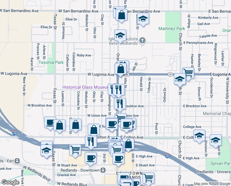 map of restaurants, bars, coffee shops, grocery stores, and more near 17 West Western Avenue in Redlands