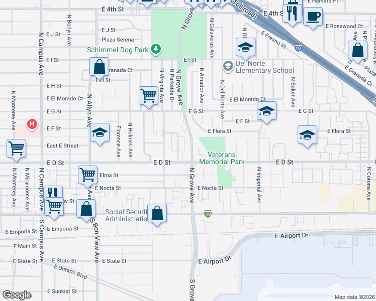 map of restaurants, bars, coffee shops, grocery stores, and more near 428 North Grove Avenue in Ontario