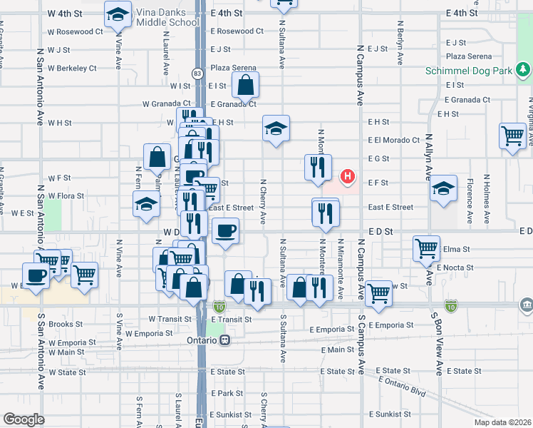map of restaurants, bars, coffee shops, grocery stores, and more near 420 East E Street in Ontario