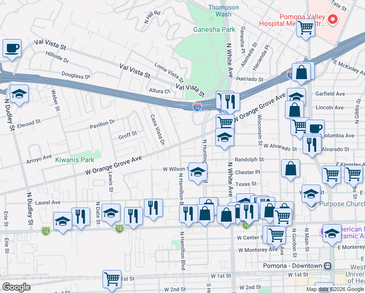 map of restaurants, bars, coffee shops, grocery stores, and more near 694 West Orange Grove Avenue in Pomona