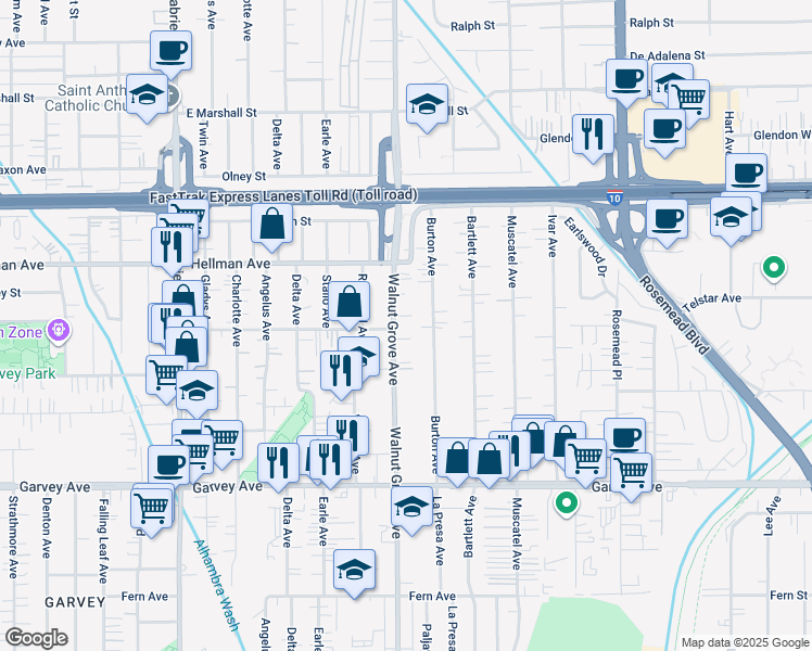 map of restaurants, bars, coffee shops, grocery stores, and more near 3312 Walnut Grove Avenue in Rosemead