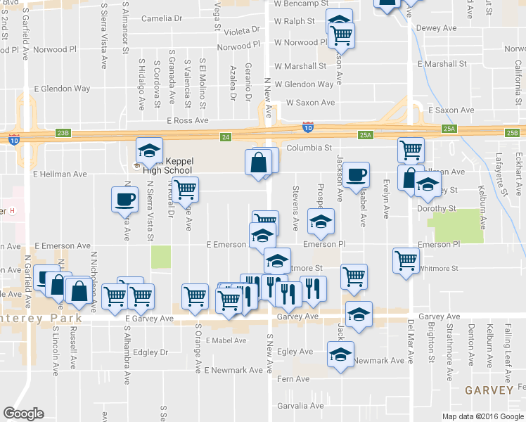 map of restaurants, bars, coffee shops, grocery stores, and more near 521a New Avenue in Monterey Park