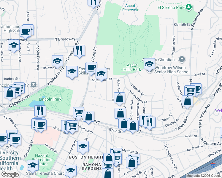 map of restaurants, bars, coffee shops, grocery stores, and more near 2046 North Indiana Avenue in Los Angeles