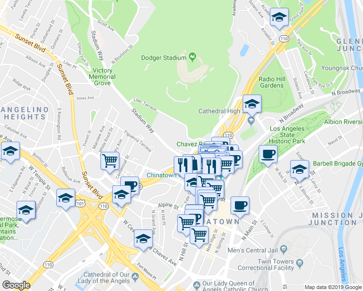 map of restaurants, bars, coffee shops, grocery stores, and more near 711 Bernard Street in Los Angeles