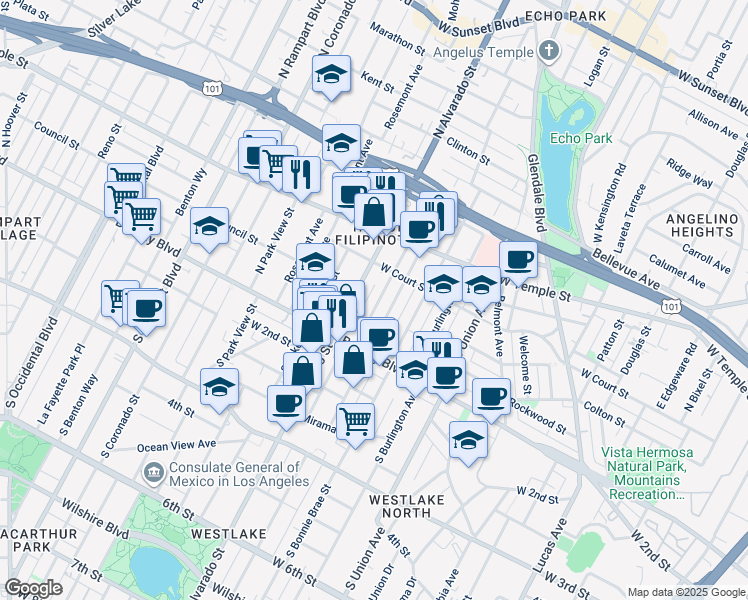 map of restaurants, bars, coffee shops, grocery stores, and more near 214 North Alvarado Street in Los Angeles
