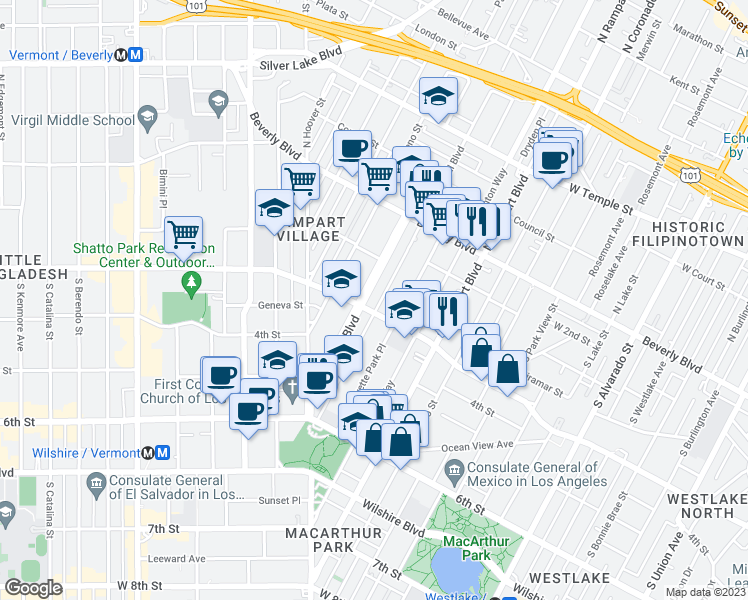 map of restaurants, bars, coffee shops, grocery stores, and more near 269 South La Fayette Park Place in Los Angeles