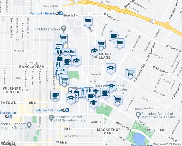 map of restaurants, bars, coffee shops, grocery stores, and more near 333 South Virgil Avenue in Los Angeles
