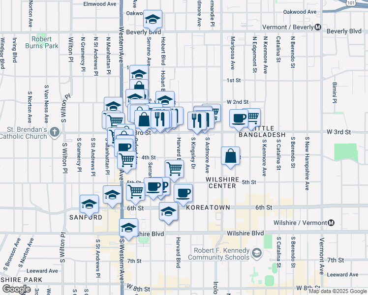 map of restaurants, bars, coffee shops, grocery stores, and more near 339 South Kingsley Drive in Los Angeles
