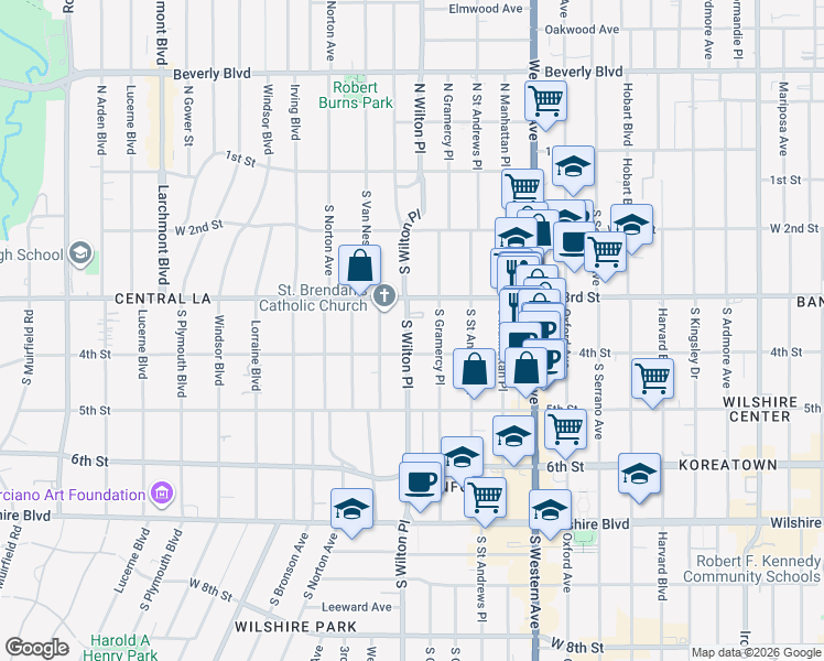 map of restaurants, bars, coffee shops, grocery stores, and more near 332 South Wilton Place in Los Angeles