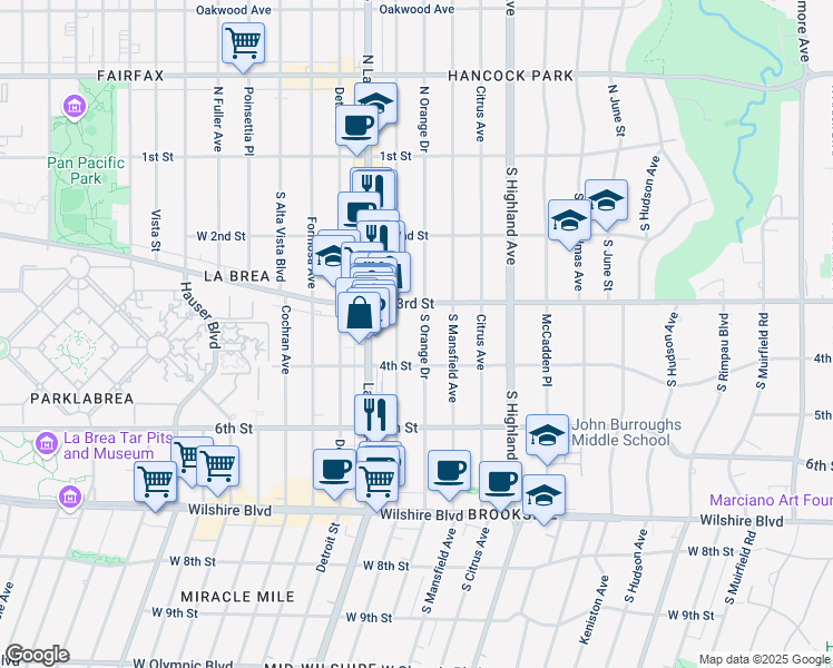 map of restaurants, bars, coffee shops, grocery stores, and more near 334 South Sycamore Avenue in Los Angeles