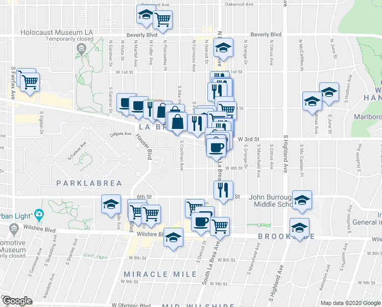 map of restaurants, bars, coffee shops, grocery stores, and more near 336 South Cochran Avenue in Los Angeles
