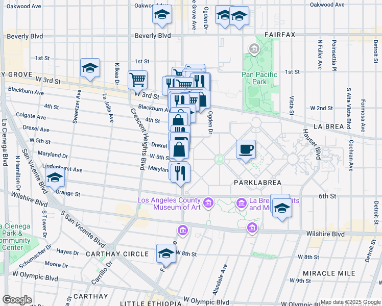 map of restaurants, bars, coffee shops, grocery stores, and more near 437 South Ogden Drive in Los Angeles