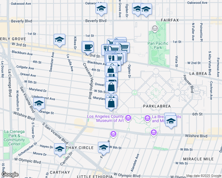 map of restaurants, bars, coffee shops, grocery stores, and more near 6214 Drexel Avenue in Los Angeles