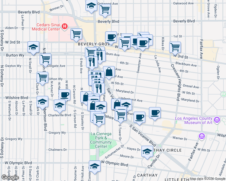 map of restaurants, bars, coffee shops, grocery stores, and more near 6686 Maryland Drive in Los Angeles