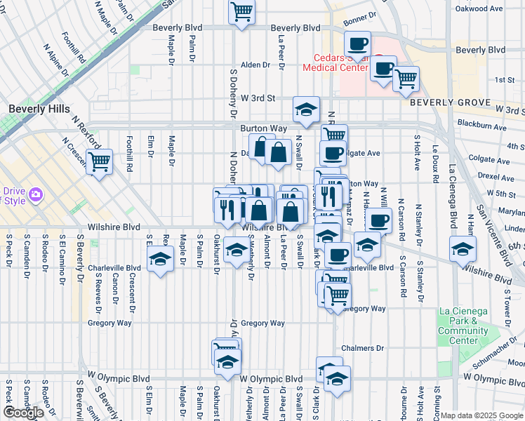 map of restaurants, bars, coffee shops, grocery stores, and more near 126 North Almont Drive in Beverly Hills