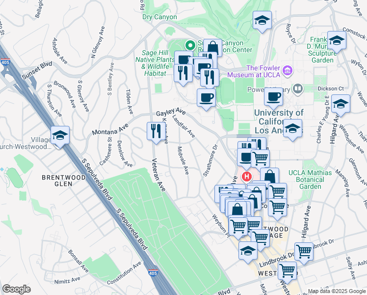 map of restaurants, bars, coffee shops, grocery stores, and more near 11002 Ophir Drive in Los Angeles