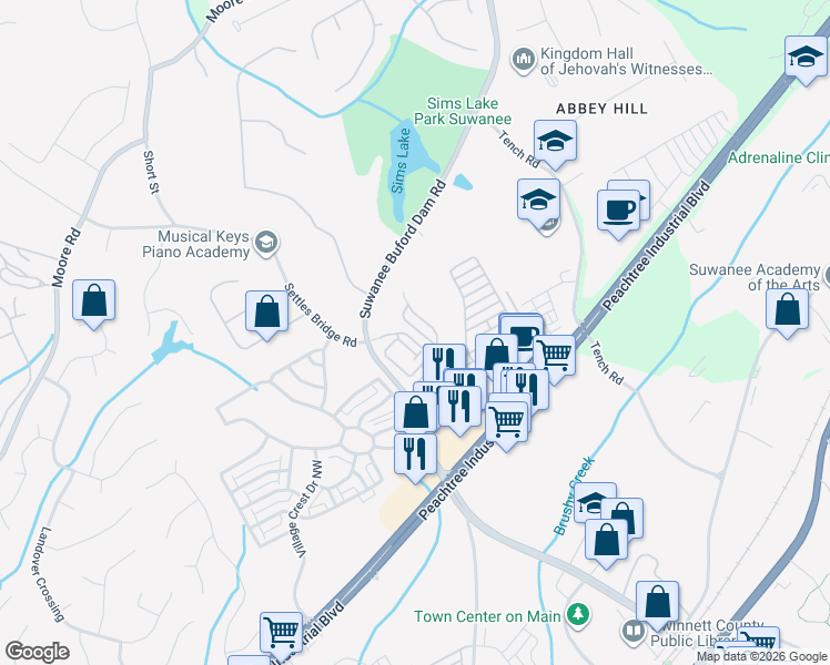 map of restaurants, bars, coffee shops, grocery stores, and more near 4361 Baverton Drive in Suwanee