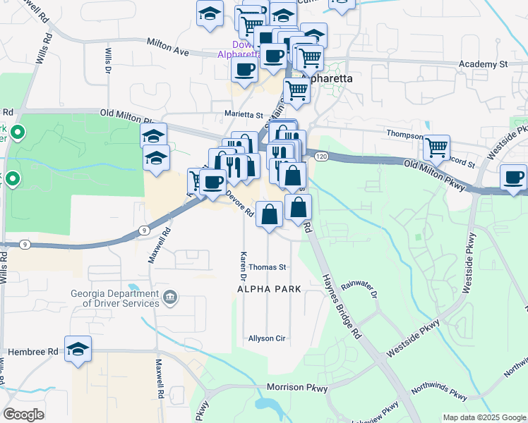 map of restaurants, bars, coffee shops, grocery stores, and more near 11770 Haynes Bridge Road in Alpharetta