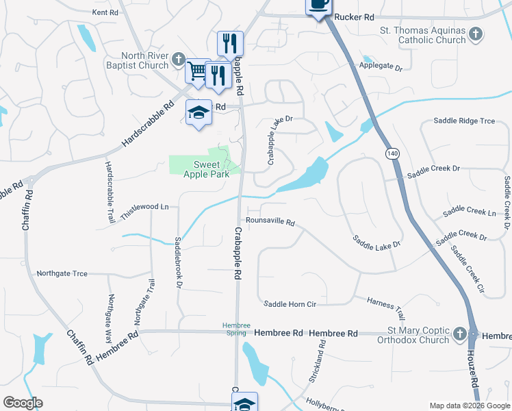 map of restaurants, bars, coffee shops, grocery stores, and more near 8605 Hope Vine in Roswell