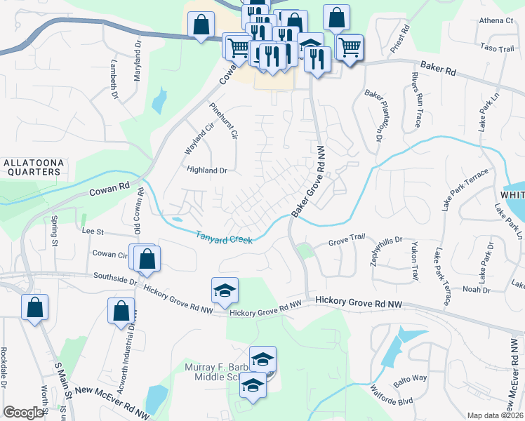map of restaurants, bars, coffee shops, grocery stores, and more near 341 Windcroft Circle Northwest in Acworth