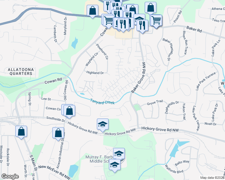 map of restaurants, bars, coffee shops, grocery stores, and more near 591 Windcroft Circle Northwest in Acworth