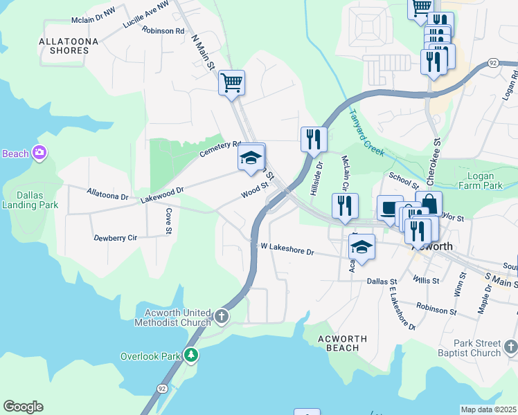 map of restaurants, bars, coffee shops, grocery stores, and more near 4665 Lake Acworth Drive in Acworth