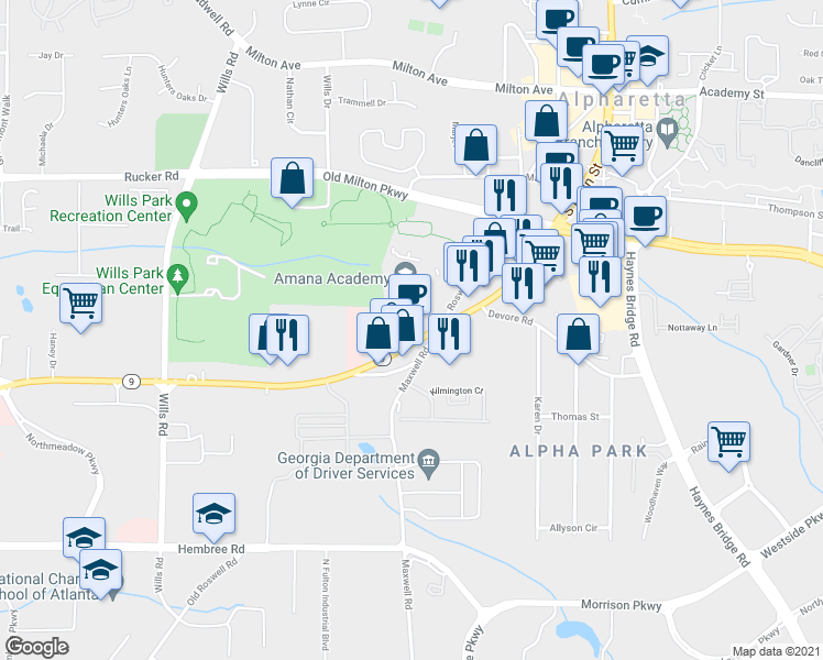 map of restaurants, bars, coffee shops, grocery stores, and more near 305 South Main Street in Alpharetta