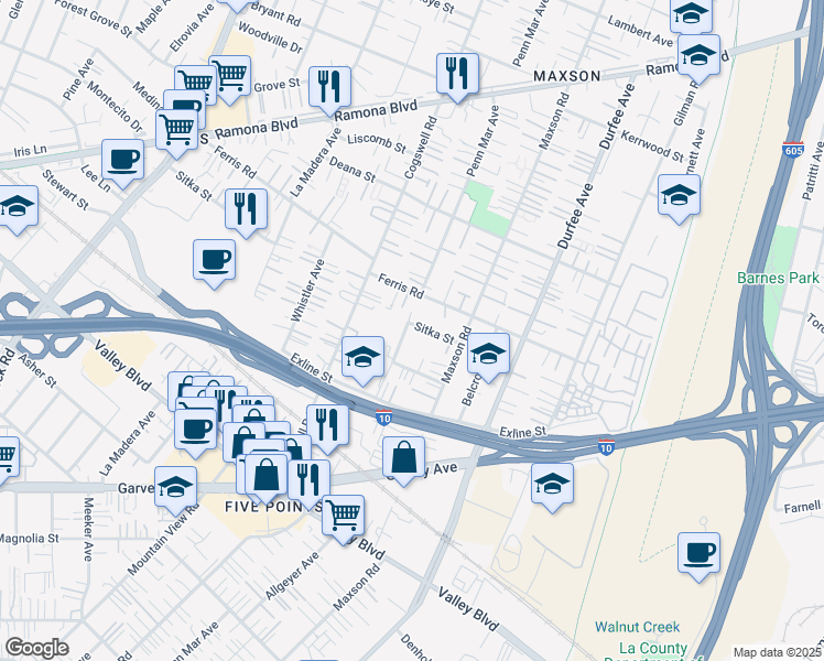 map of restaurants, bars, coffee shops, grocery stores, and more near 12102 Sitka Street in El Monte