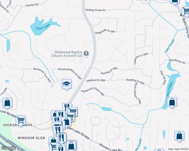 map of restaurants, bars, coffee shops, grocery stores, and more near 4754 Seaboard Court Northwest in Acworth