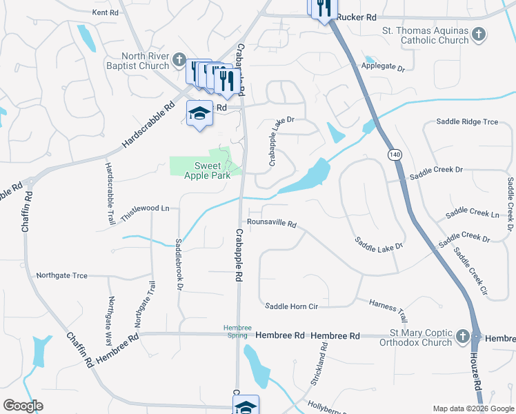 map of restaurants, bars, coffee shops, grocery stores, and more near 8605 Hope Vine in Roswell