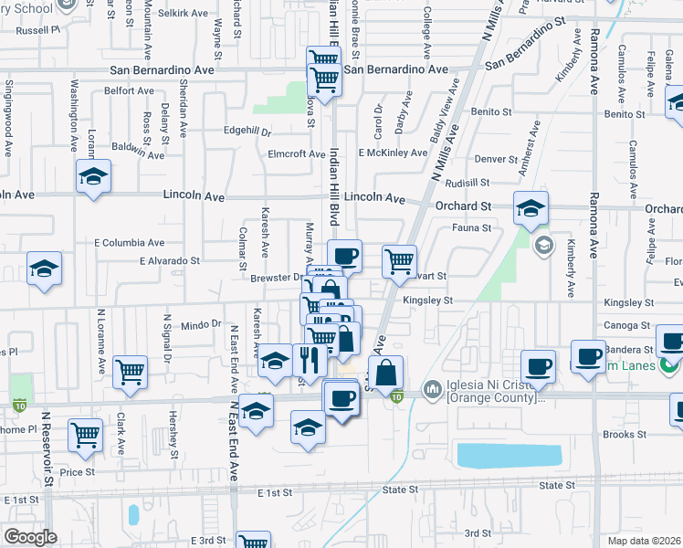 map of restaurants, bars, coffee shops, grocery stores, and more near 890 Indian Hill Boulevard in Pomona