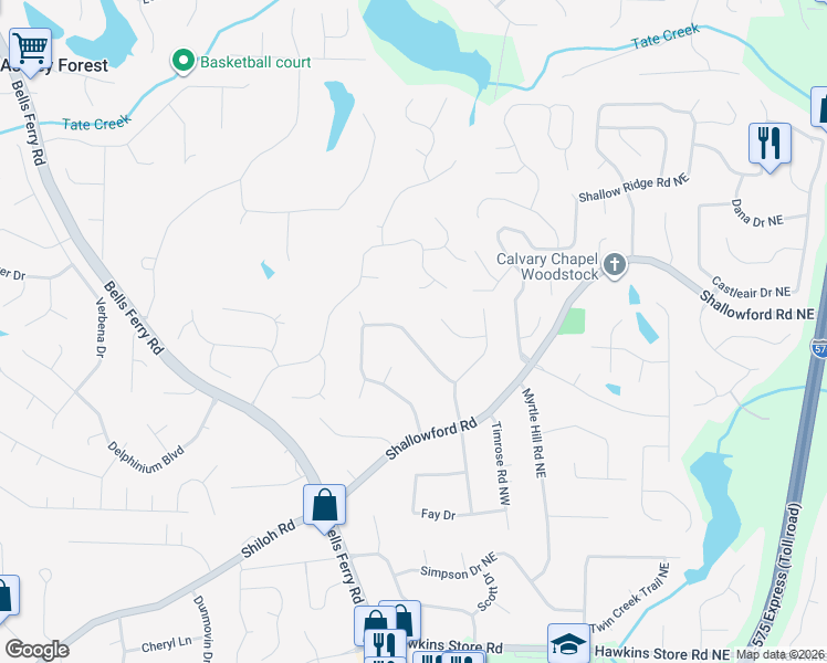 map of restaurants, bars, coffee shops, grocery stores, and more near 4741 North Springs Road Northwest in Kennesaw