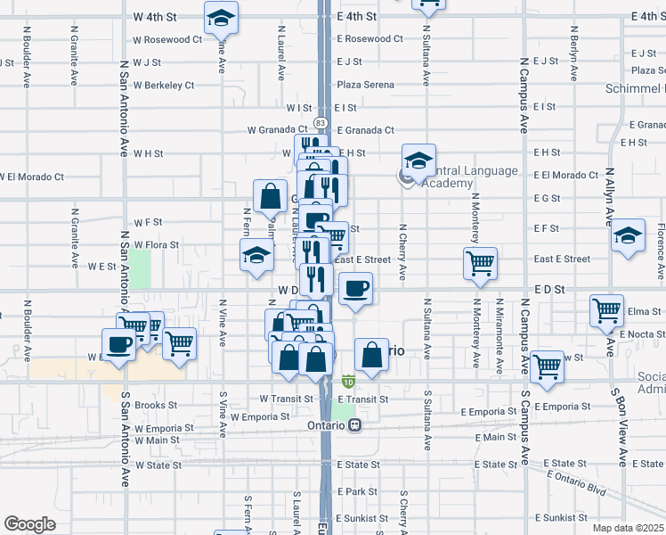map of restaurants, bars, coffee shops, grocery stores, and more near 426 North Euclid Avenue in Ontario