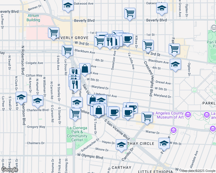 map of restaurants, bars, coffee shops, grocery stores, and more near 6607 Maryland Drive in Los Angeles