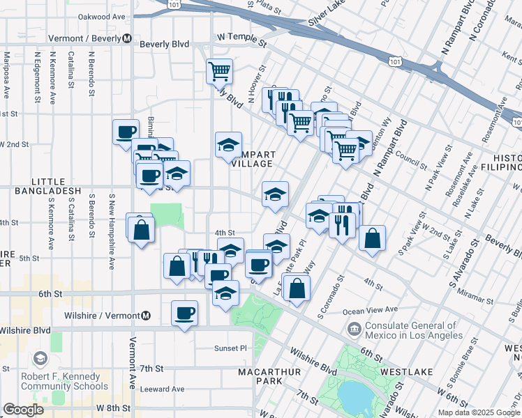 map of restaurants, bars, coffee shops, grocery stores, and more near 307 South Reno Street in Los Angeles