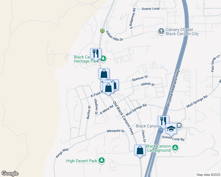 map of restaurants, bars, coffee shops, grocery stores, and more near 34301 S Old Black Canyon Hwy in Black Canyon City