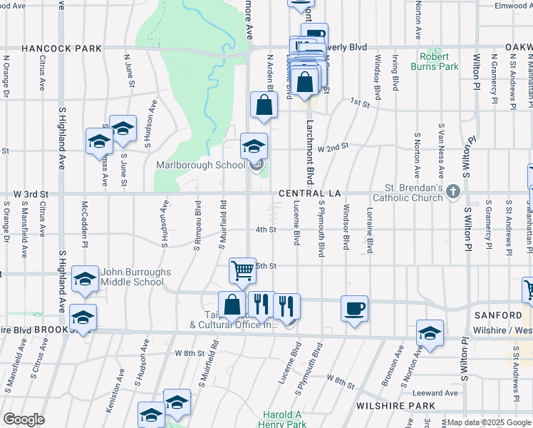 map of restaurants, bars, coffee shops, grocery stores, and more near 333 South Arden Boulevard in Los Angeles