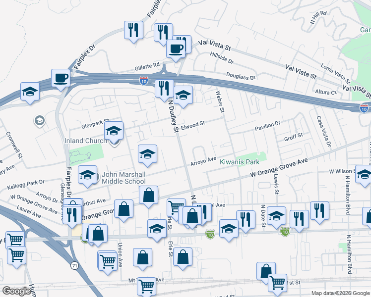 map of restaurants, bars, coffee shops, grocery stores, and more near 1040 North Dudley Street in Pomona