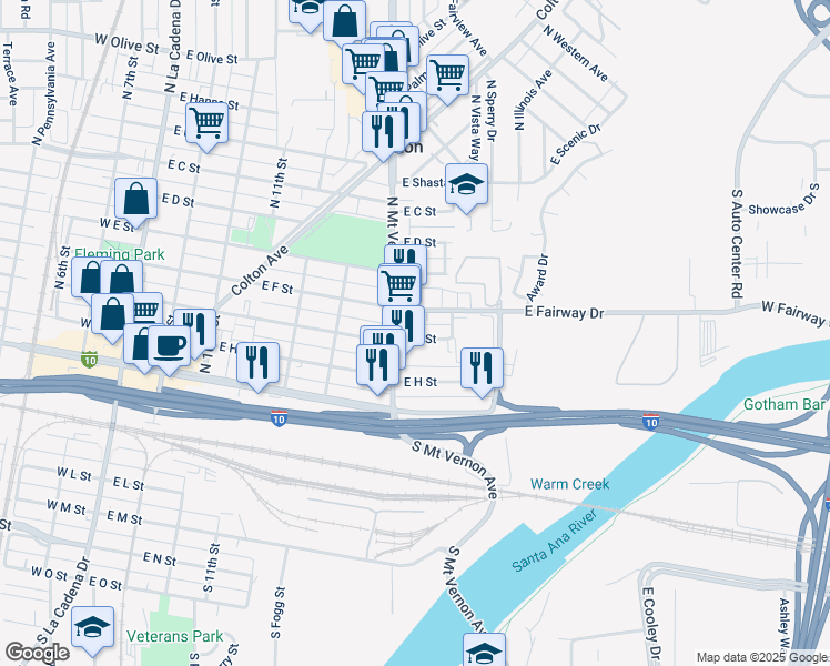 map of restaurants, bars, coffee shops, grocery stores, and more near 825 East G Street in Colton