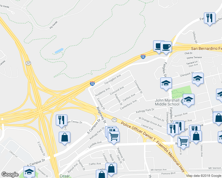 map of restaurants, bars, coffee shops, grocery stores, and more near 2306 Academy Avenue in Pomona