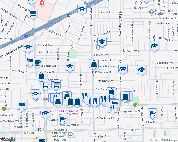 map of restaurants, bars, coffee shops, grocery stores, and more near 573 East Alvarado Street in Pomona
